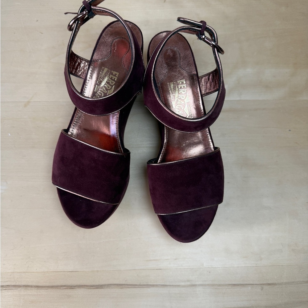 Salvatore Ferragamo Dark Purple Suede Platform Sandals 7.5